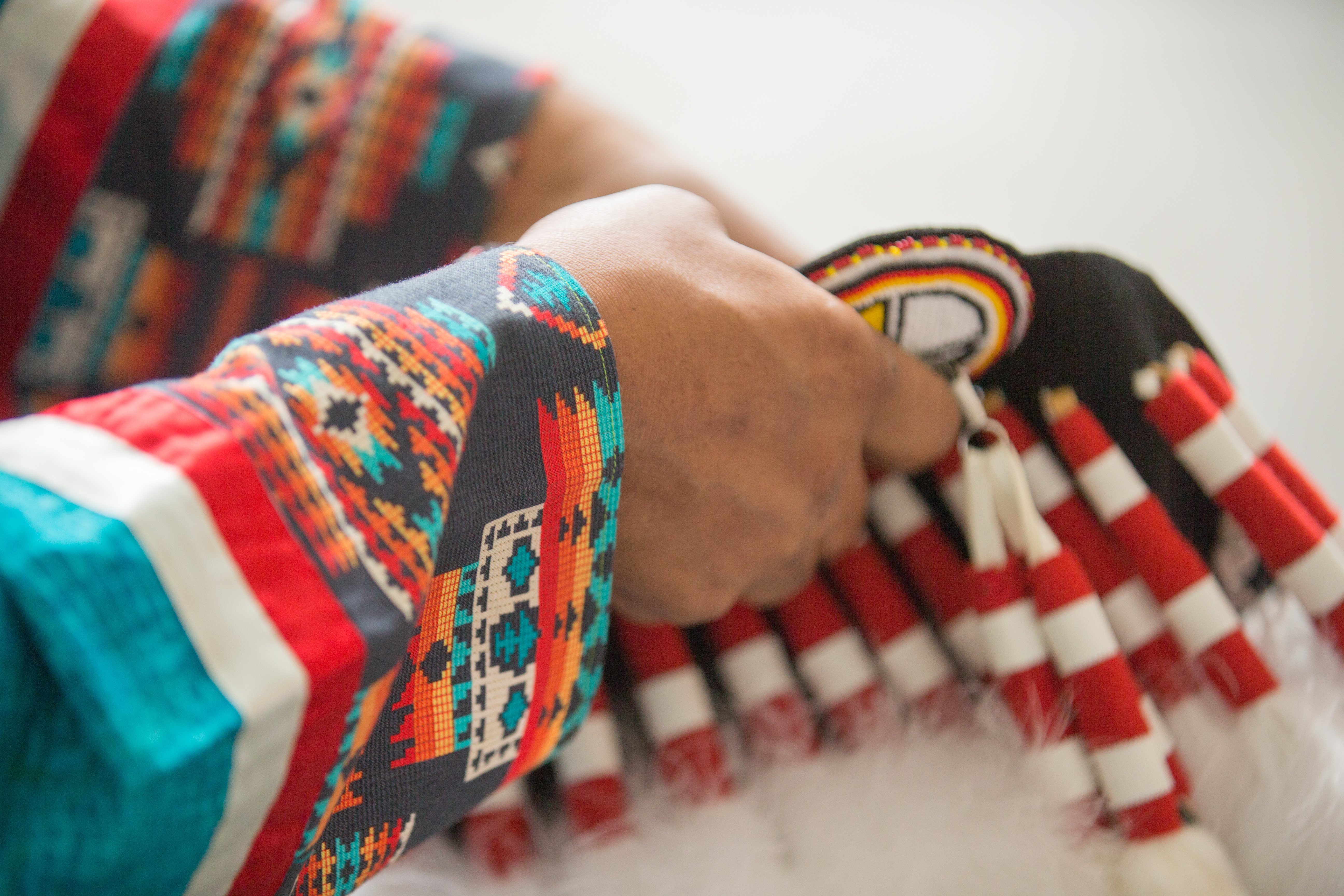 close up of hands showing the sleeves of cultural indigenous clothing