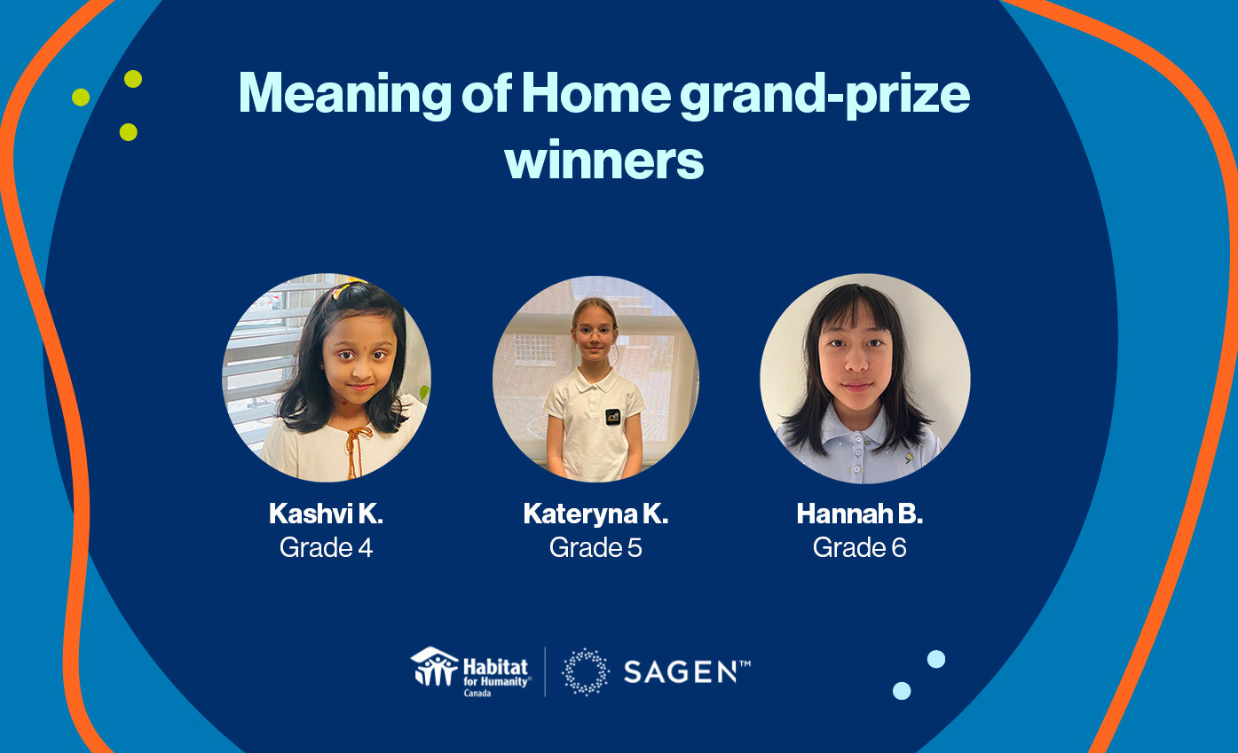 Meaning of Home illustration announcing winners Kashvi, Kateryna and Hannah with each of their pictures