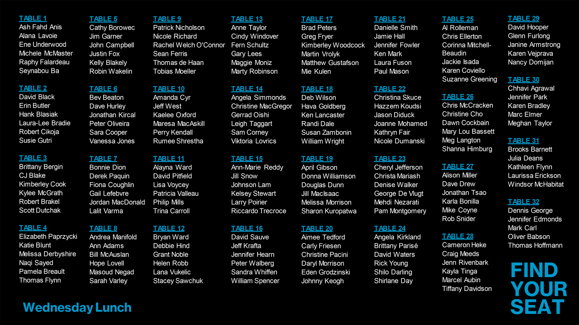 Wednesday Seating Chart