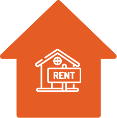 Maison orange avec un panneau à louer devant l'icône