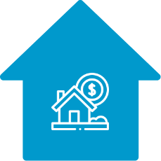 Maison bleue avec une icône de maison et une pièce d'un dollar sur le toit