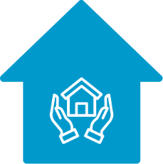 Blue house with a house surrounded by two hands icon