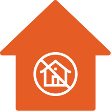 Orange house with a house surrounded by a circle with a slanted line icon