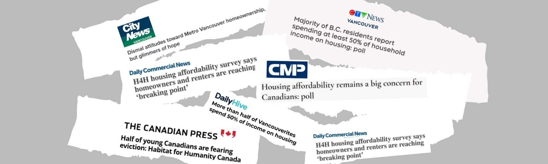 Collage de différents articles montrant que les Canadiens consacrent une part de plus en plus importante de leur revenu au logement