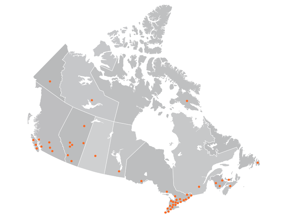Map of Canada with dots signifying where Habitat Canada works